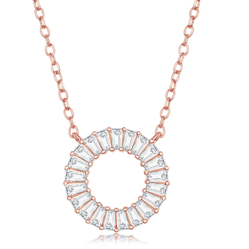 Slide clasp necklaces-Sterling Silver Baguette CZ Open Circle Necklace - Rose Gold Plated