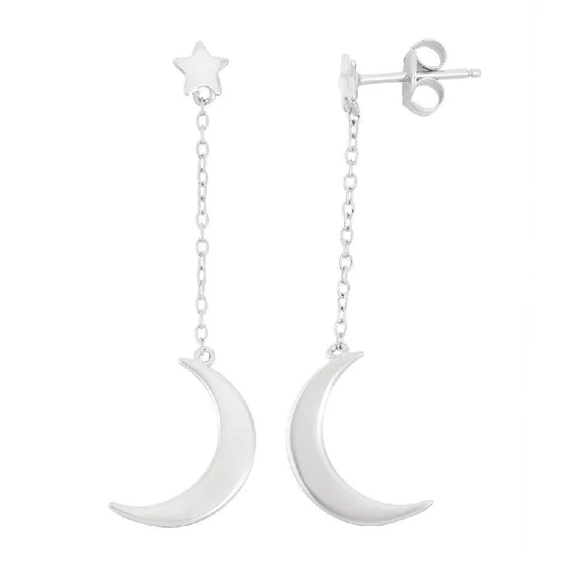 Sheer drop earrings-Sterling Silver Star with Crescent Moon Earrings