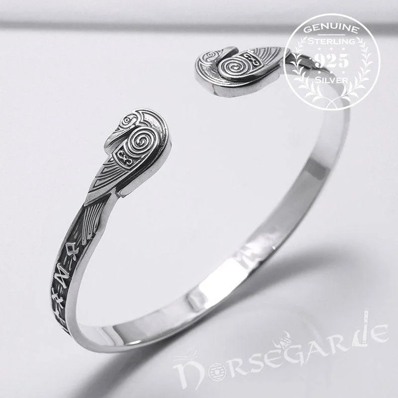 Zircon stone rings-Handcrafted Runes and Ravens Arm Ring - Sterling Silver