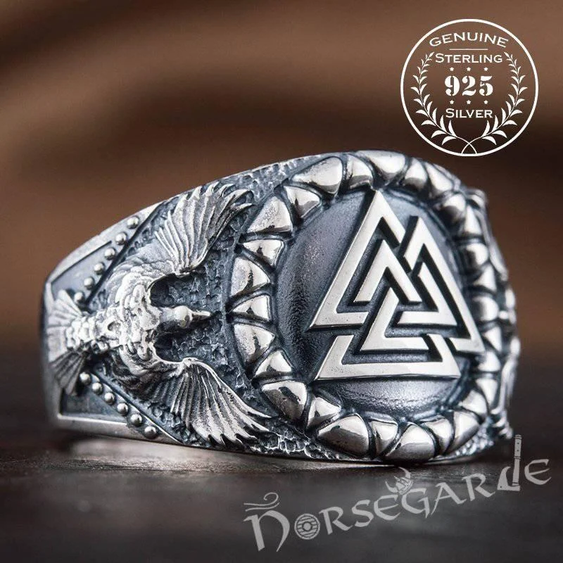 Flowing art rings-Handcrafted Ravens and Valknut Ring - Sterling Silver