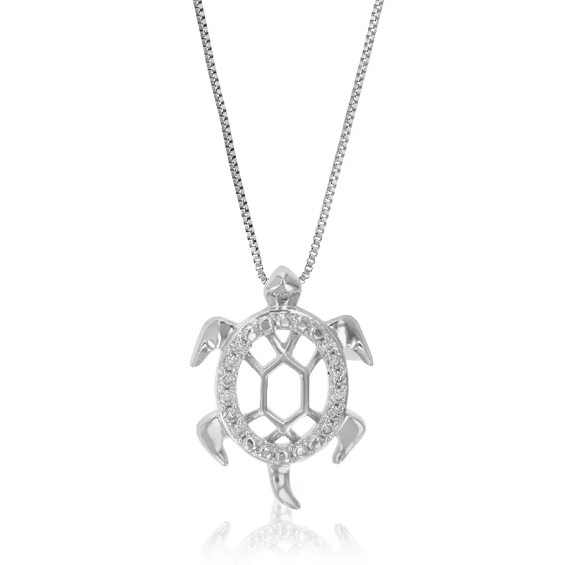 Sloped pendant necklaces-1/10 cttw Lab Grown Diamond Turtle Pendant Necklace .925 Sterling Silver 1/2 Inch With 18 Inch Chain For Her