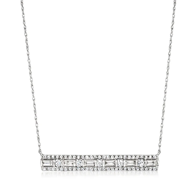 Relic coin necklaces-Ross-Simons Baguette and Round Diamond Bar Necklace in 14kt White Gold