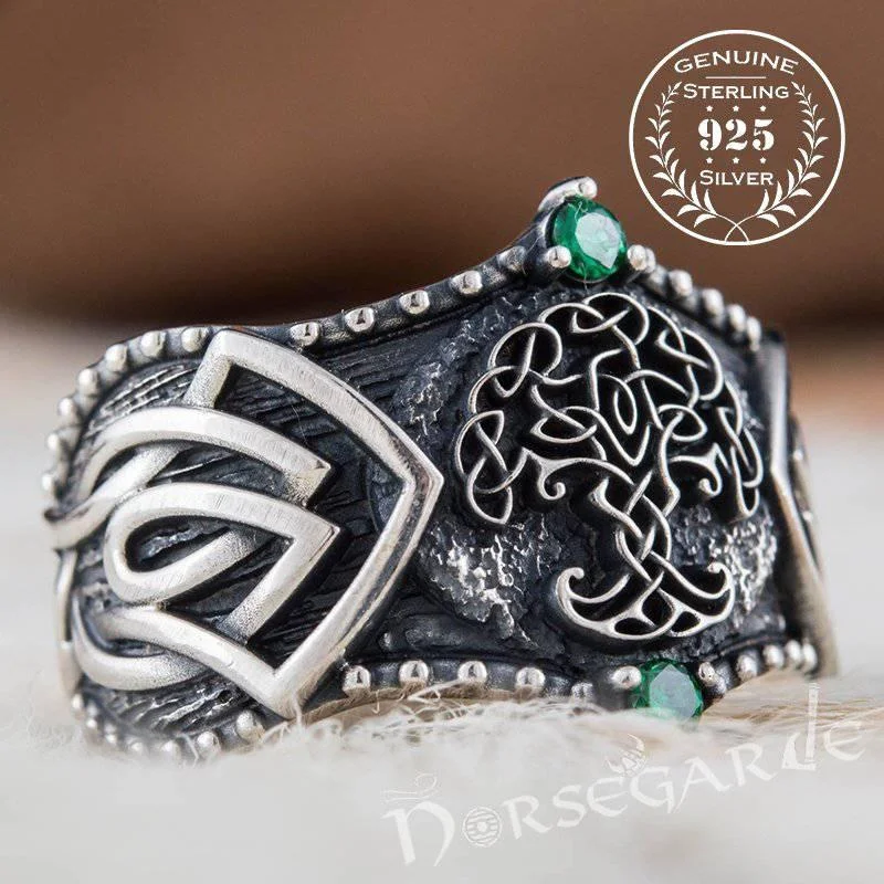 Delicate accent rings-Handcrafted Gemmed Yggdrasil Celtic Ring - Sterling Silver