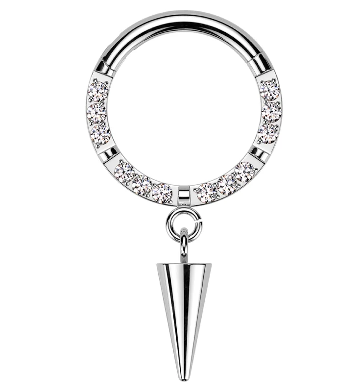 Sloped shank rings-Front Facing Cone Dangle Clear CZ Row Titanium Hinged Segment Ring