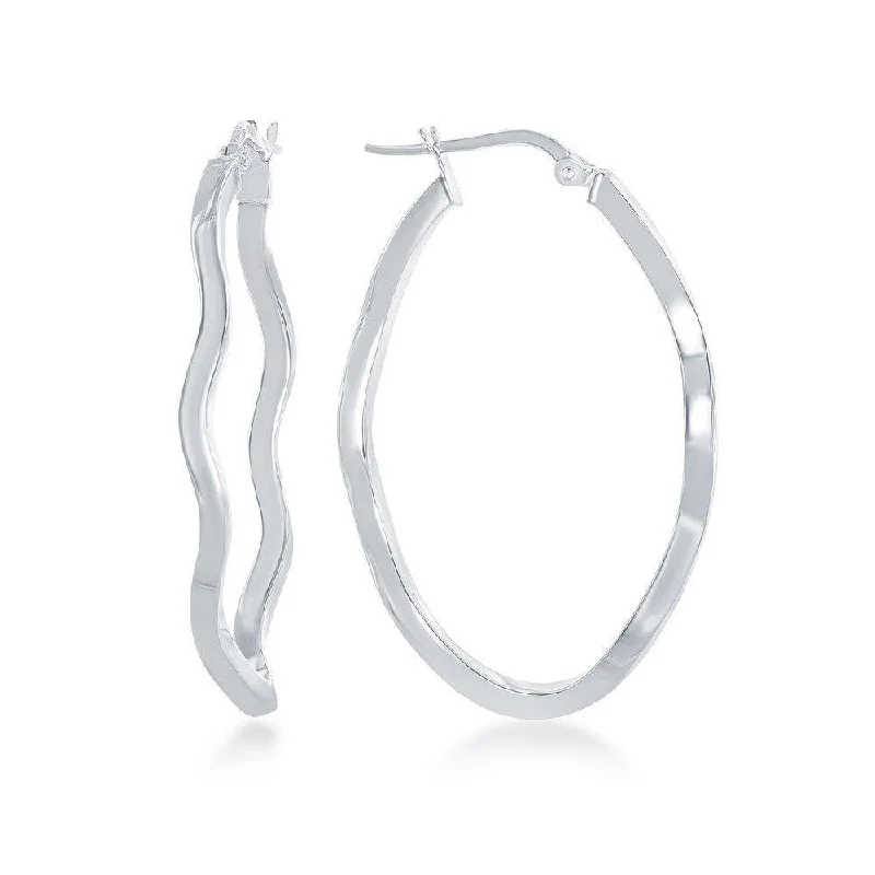 Classic clip earrings-Sterling Silver Rhodium Plated Wavy Designed Oval Hoop Earrings