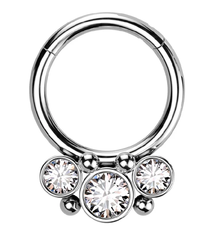 Circle gem rings-Triple Beaded Clear CZ Stainless Steel Hinged Segment Ring