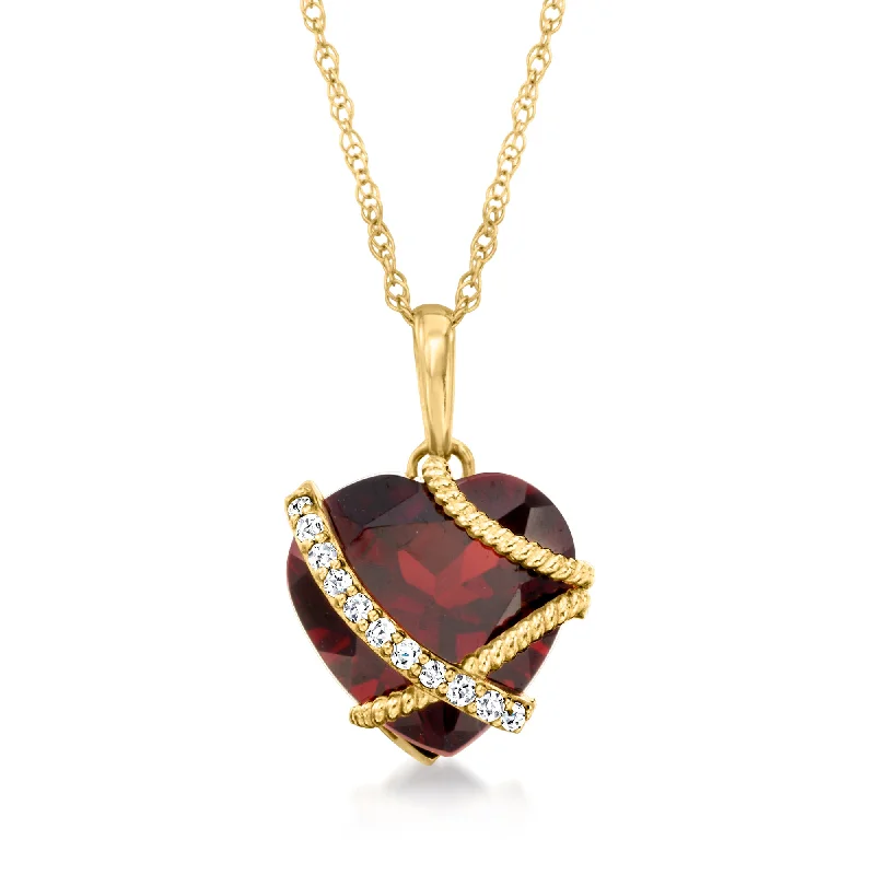 Bold art necklaces-Ross-Simons Garnet Heart Pendant Necklace With Diamond Accents in 14kt Yellow Gold