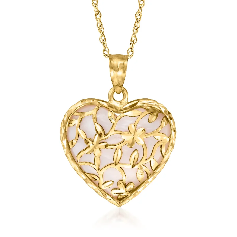 Mesh choker necklaces-Ross-Simons Pink Mother-Of-Pearl Floral Heart Pendant Necklace in 14kt Yellow Gold