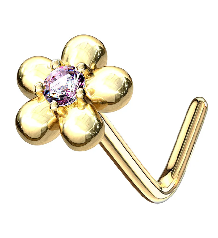 Burnished name rings-14kt Gold Daisy Pink CZ L Bend Nose Ring