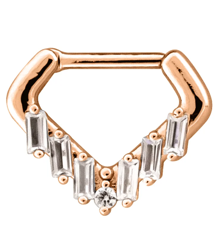 Bead row rings-Rose Gold PVD Point Baguette Clear CZ Stainless Steel Hinged Segment Ring