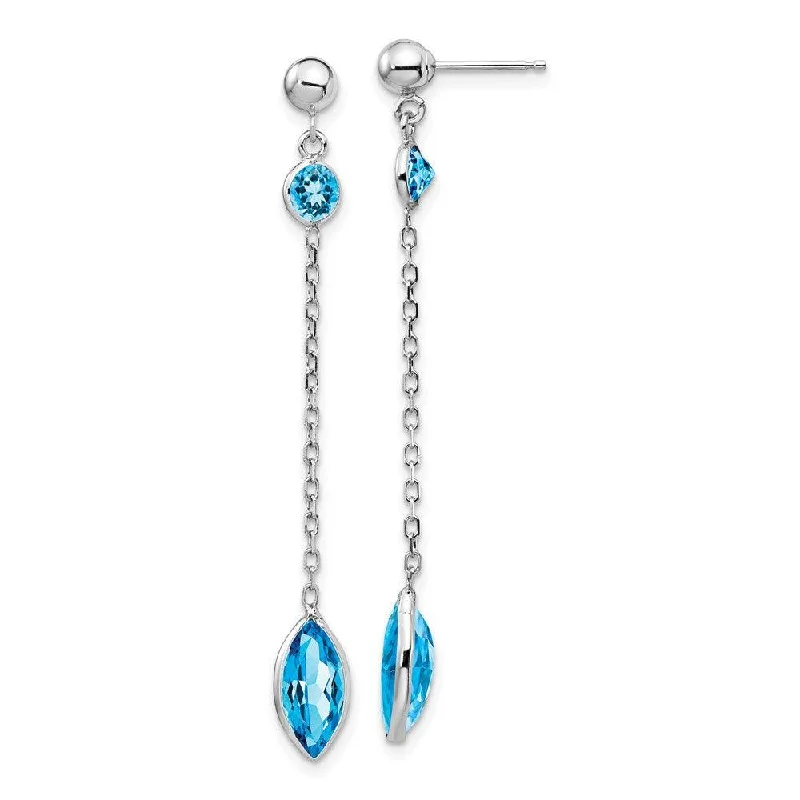 Thin rose earrings-14k White Gold Blue Topaz Post Dangle Earrings