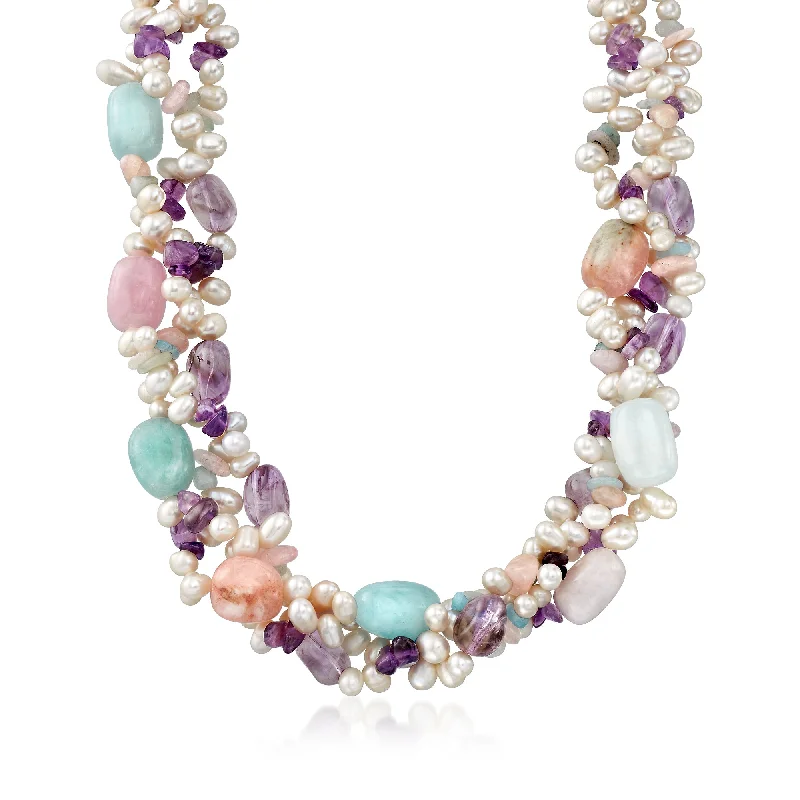 Reed weave necklaces-Ross-Simons 4-6.5mm Cultured Pearl and Multi-Stone Torsade Necklace With Sterling Silver