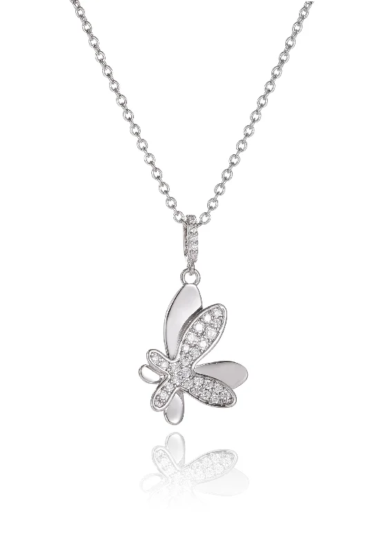 Skewed design necklaces-Silver Pavé Diamond Butterfly Pendant Necklace