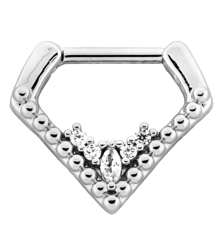 Petite wing rings-Point Beaded Clear CZ Cluster Stainless Steel Hinged Segment Ring