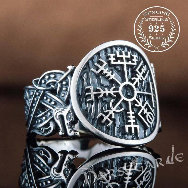 Iolite inlay rings-Handcrafted Vegvisir Jellinge Style Ring - Sterling Silver