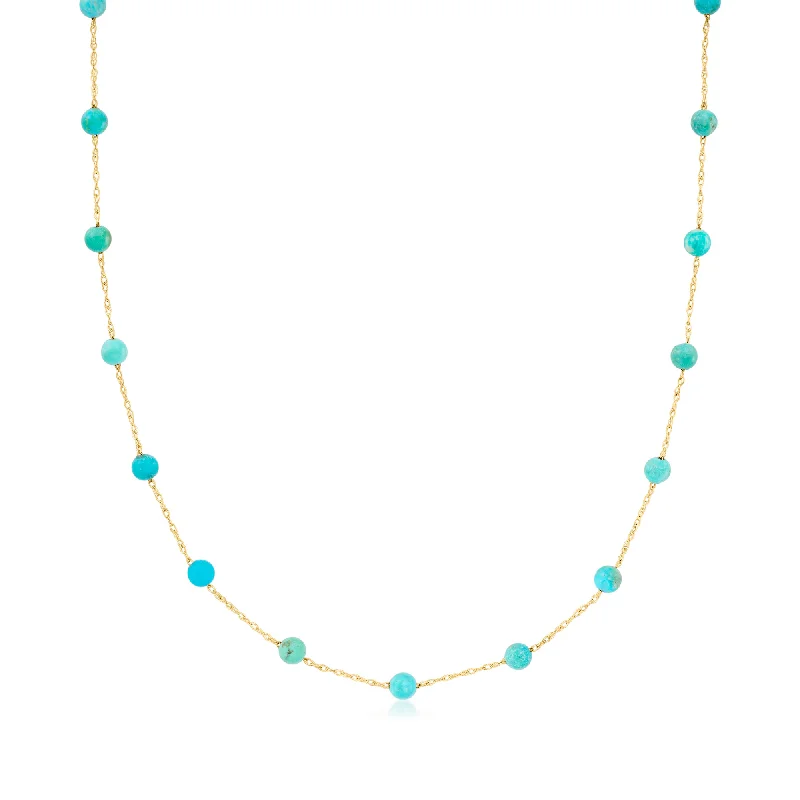 Six-layer necklaces-RS Pure by Ross-Simons 3-3.5mm Turquoise Bead Station Necklace in 14kt Yellow Gold