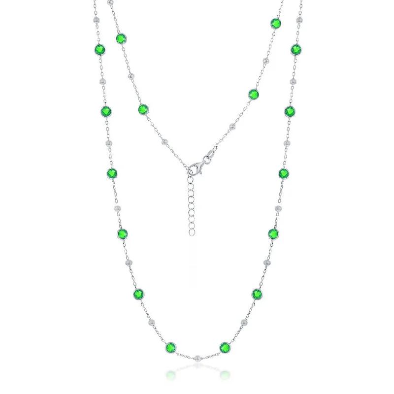 Dainty gem necklaces-Sterling Silver Bezel-Set CZ & Bead Station Necklace (White, Green, Blue, Or Red)