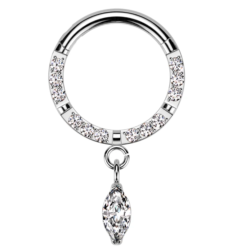 Lunar birthstone rings-Front Facing Marquise Dangle Clear CZ Row Titanium Hinged Segment Ring