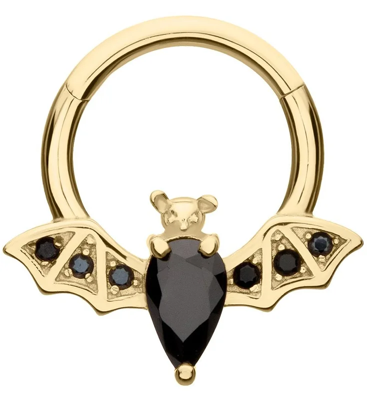 Solid band rings-14kt Gold Flying Bat Black CZ Hinged Segment Ring