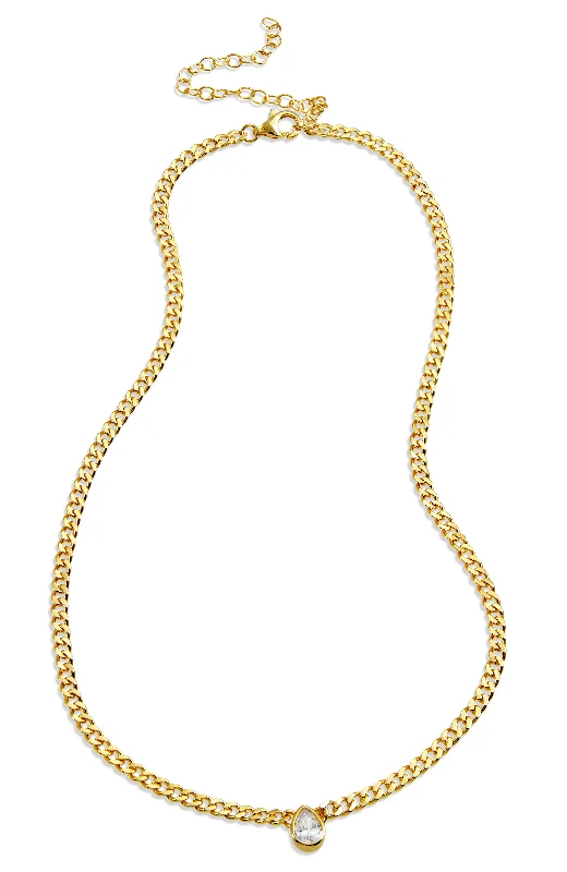 Stamped disc necklaces-18k Gold Pl. Pear CZ Neck.