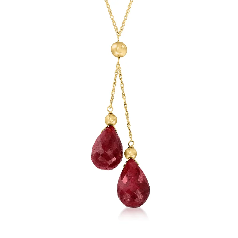 Circle shape necklaces-Ross-Simons Ruby Double-Drop Pendant Necklace in 14kt Yellow Gold