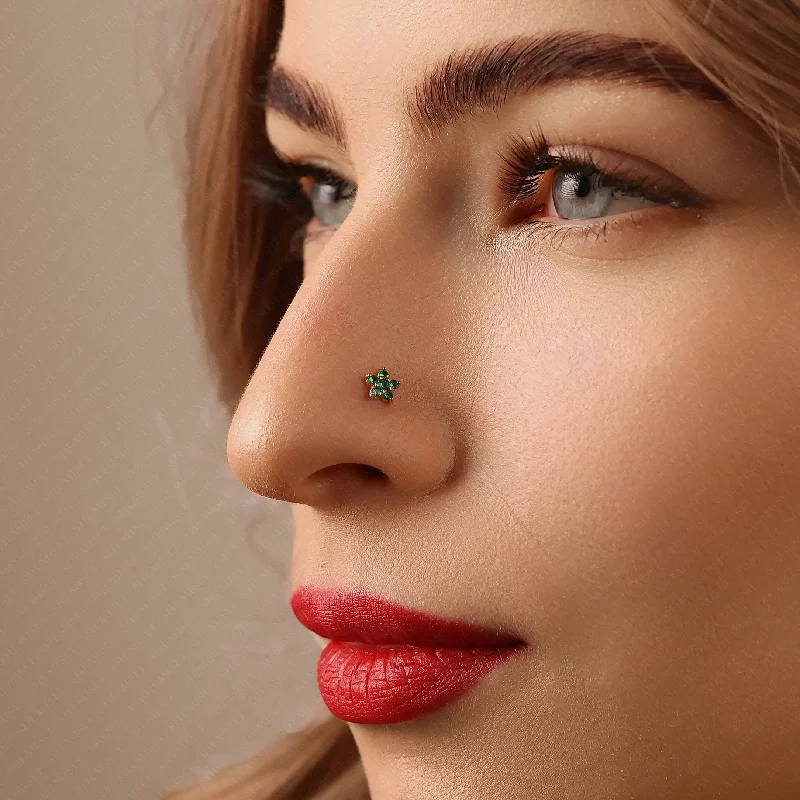 Slip knot earrings-Tiny 5 Petal Flower with Emerald Stones, Threadless Flat Back Nose Stud, 20,18,16ga, 5-10mm Unisex, Surgical Steel SHEMISLI SS572