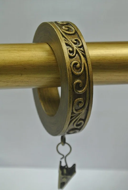 Dark wood rings-Set of 14 Scroll Designer Curtain Rings in Renaissance Gold