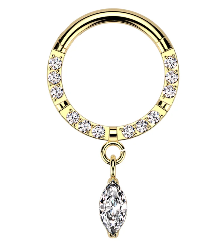 Tide style rings-Gold PVD Front Facing Marquise Dangle Clear CZ Row Titanium Hinged Segment Ring