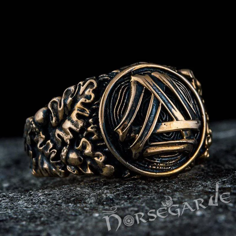 Alloy blend rings-Handcrafted Valknut Oak Leaves Ring - Bronze