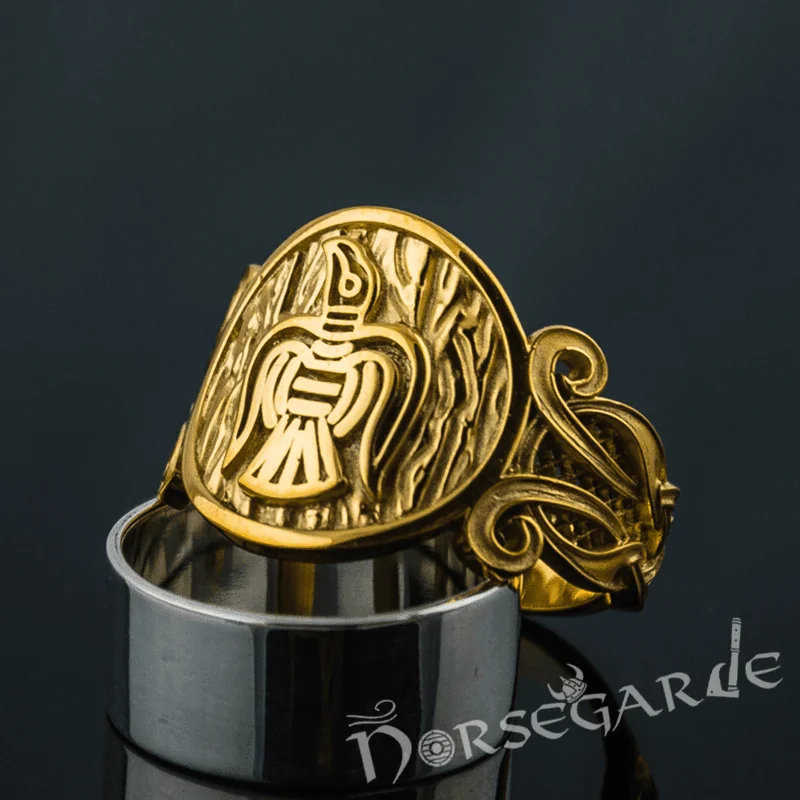 Crisp band rings-Handcrafted Raven Floral Ornament Ring - Gold