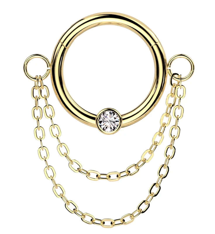 Sparkling diamond rings-Gold PVD Double Dangle Chain Clear CZ Stainless Steel Hinged Segment Ring