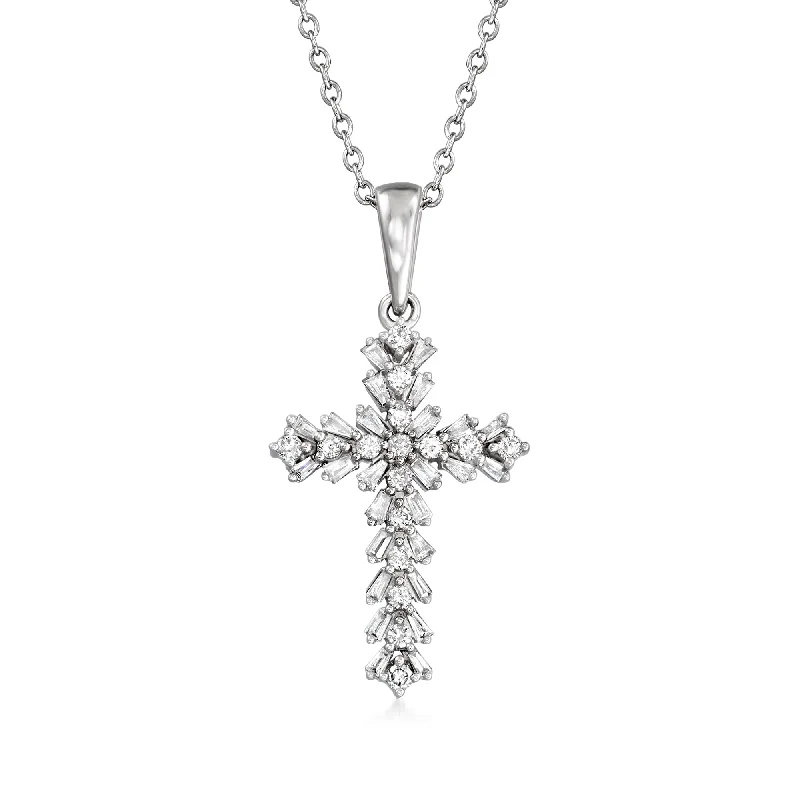 Pearl cluster necklaces-Ross-Simons Diamond Cross Pendant Necklace in 14kt White Gold