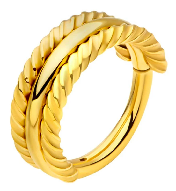 Delicate filigree rings-Gold PVD Twisted Edge Triple Stacked Stainless Steel Hinged Segment Ring