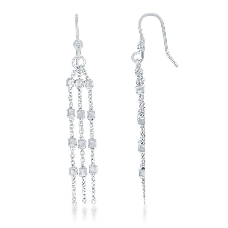 Mirror gloss earrings-Sterling Silver Triple Strand Square Bead Earrings