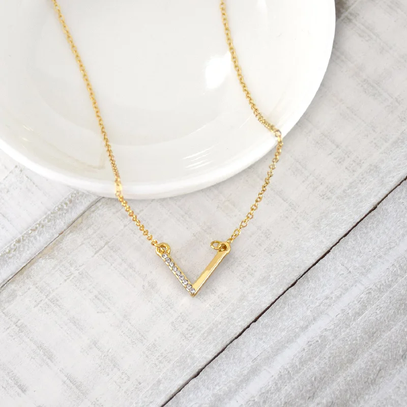 Dainty gem necklaces-FRIENDSHIP Necklace V Chevron Necklace - gold finish with clear stones dainty