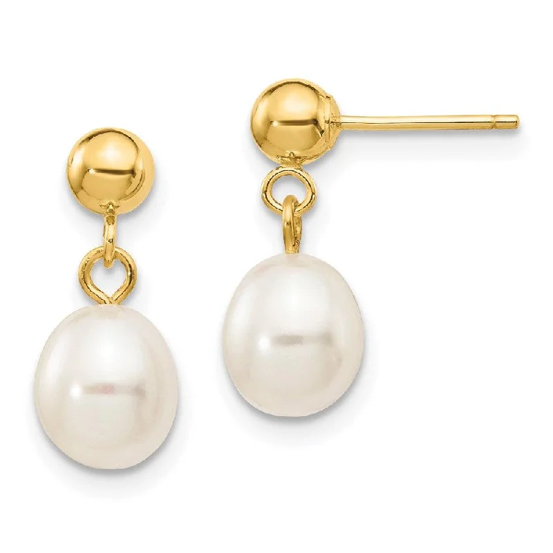 Zircon stone earrings-14k 6-7mm White Rice Freshwater Cultured Pearl Dangle Post Earrings