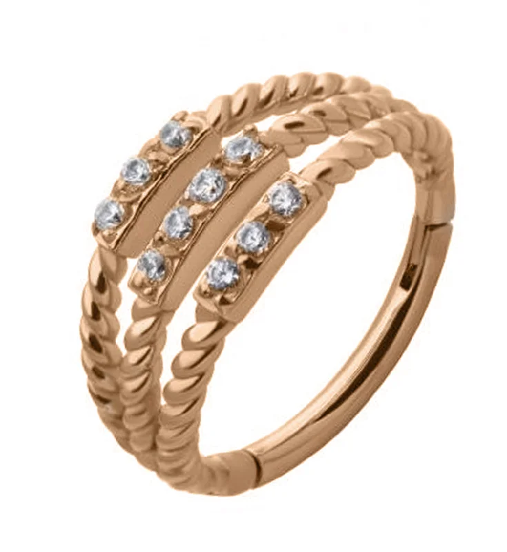 Raised band rings-Rose Gold PVD Stacked Twine CZ Hinged Segment Ring