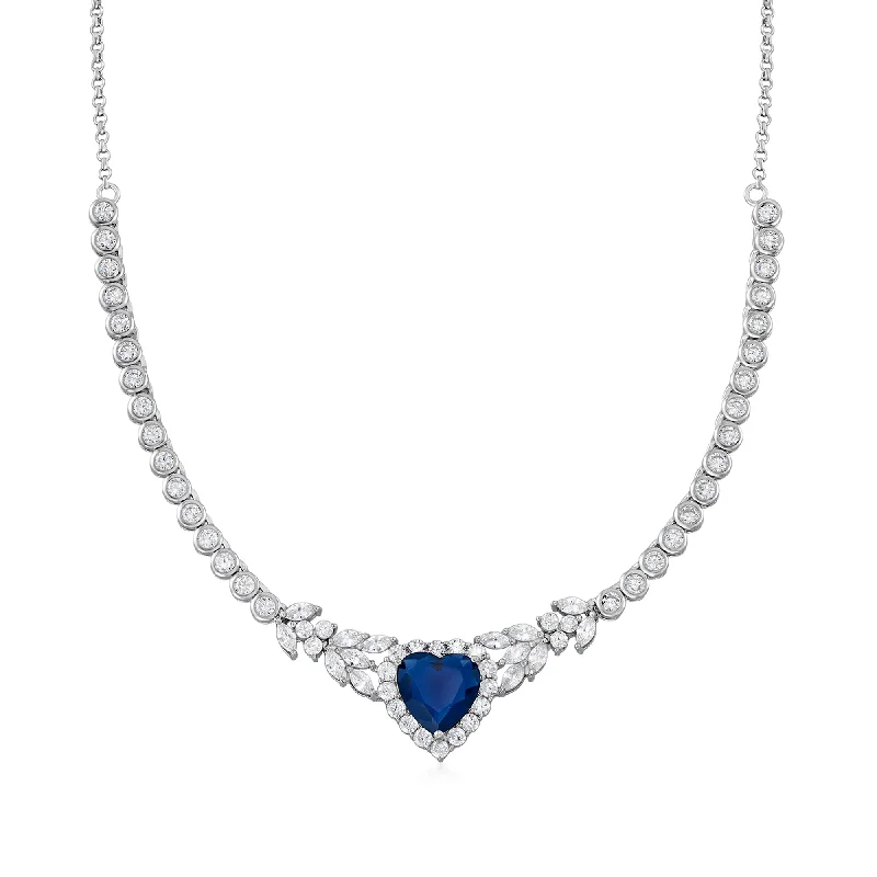 Vintage photo necklaces-Ross-Simons Simulated Sapphire and CZ Heart Necklace in Sterling Silver