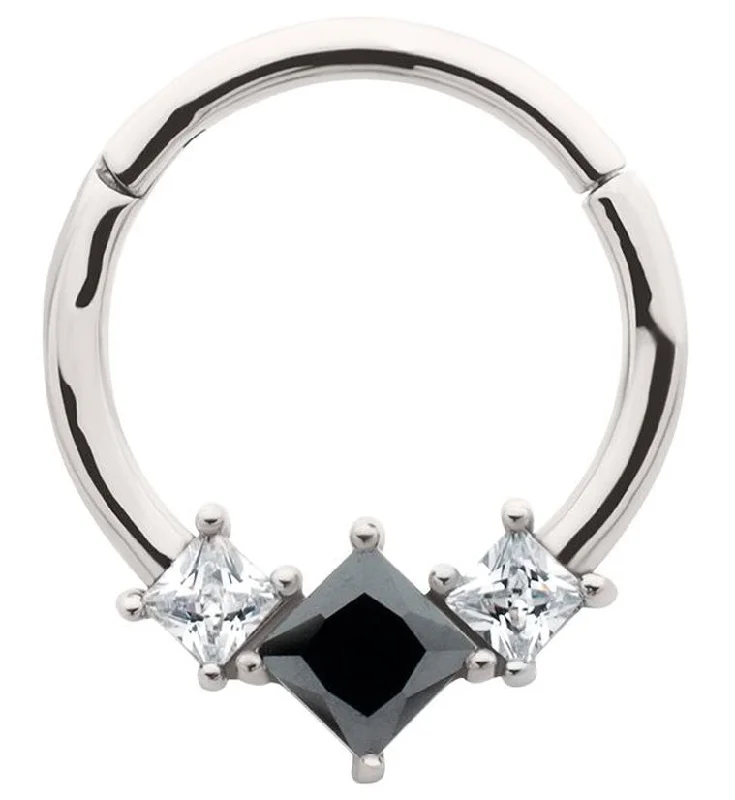 Baroque style rings-Triple Square Black And Clear CZ Stainless Steel Hinged Segment Ring