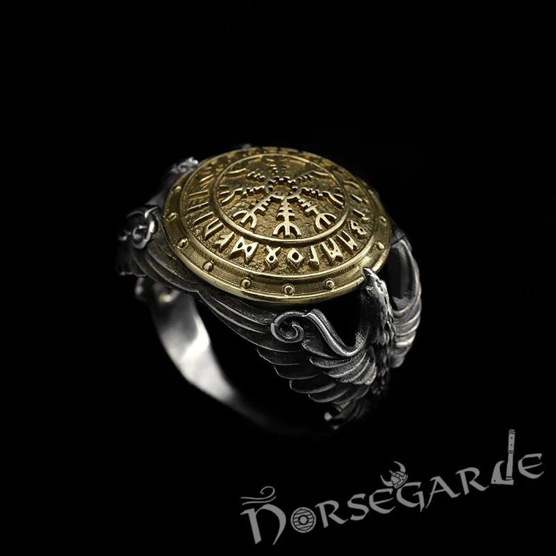 Circle design rings-Handcrafted Helm of Awe Shield and Ravens Ring - Sterling Silver & Brass