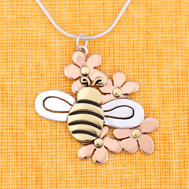 Twine weave necklaces-Bee in Flowers Sterling Necklace