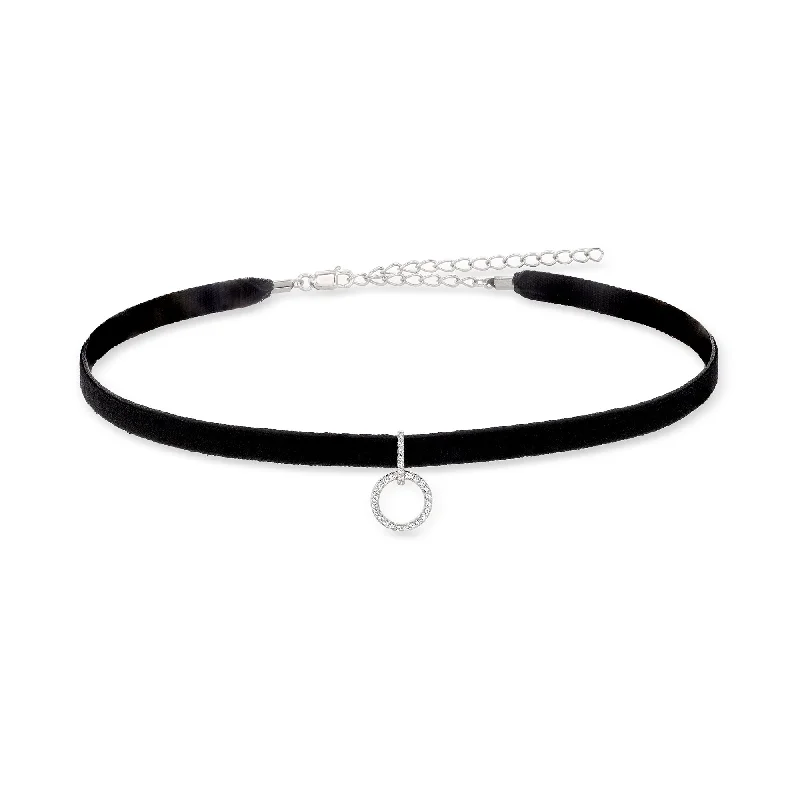 Holy cross necklaces-Ross-Simons Diamond Open-Circle Choker Necklace With Black Velvet Cord in Sterling Silver