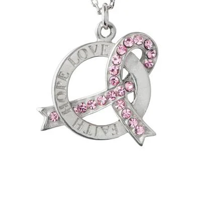 Bead-wrapped necklaces-Faith Hope Love Pink Ribbon Pewter Necklace