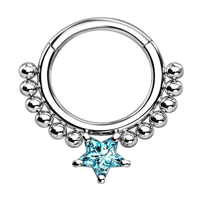 Stranded motif rings-Beaded Aqua Star Hinged Segment Ring