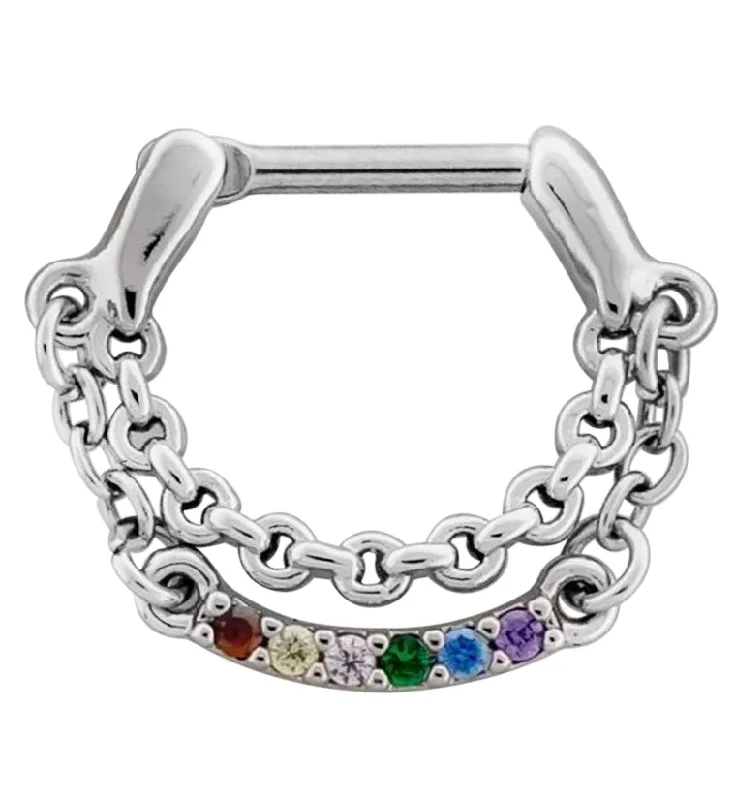 Raised texture rings-Rainbow CZ Dangle Chain Stainless Steel Hinged Segment Ring