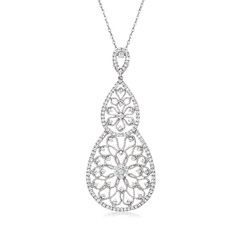 Crisp-line necklaces-Ross-Simons Diamond Filigree Pendant Necklace in 14kt White Gold