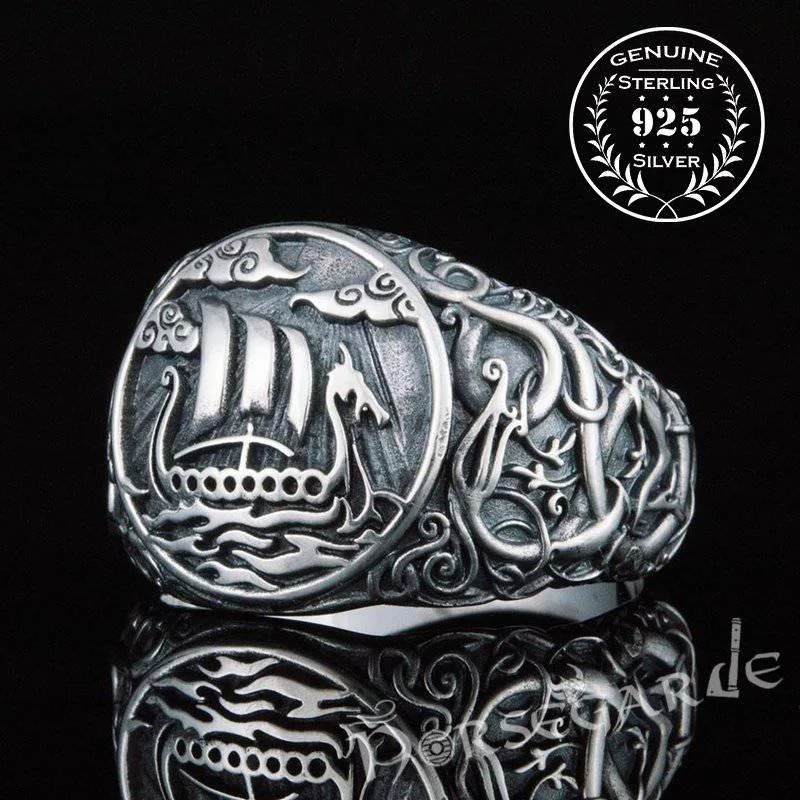 Pentagon shape rings-Handcrafted Urnes Style Drakkar Ring - Sterling Silver