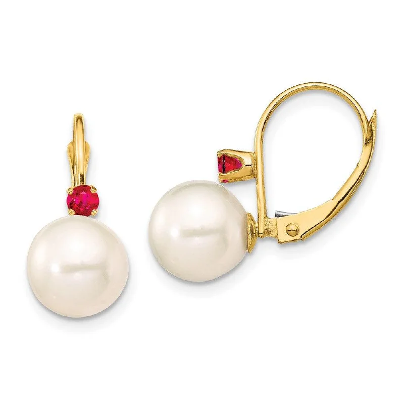 Matte glass earrings-14K 8-8.5mm White Round FWC Pearl Ruby Leverback Earrings