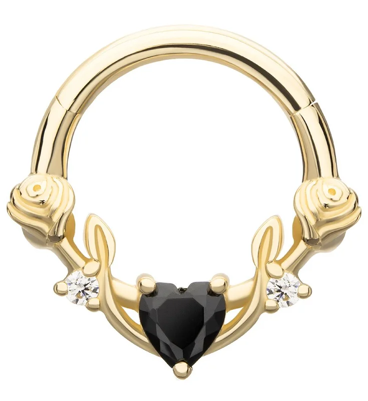 Waxing moon rings-14kt Gold Blooming Vine Black Heart CZ Hinged Segment Ring