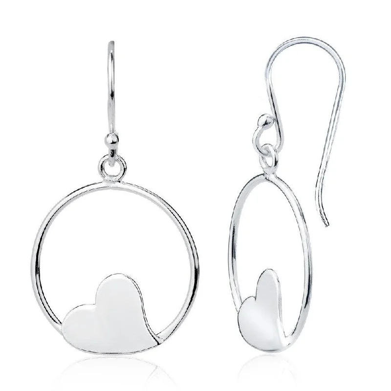 Silk thread earrings-Sterling Silver Open Circle with Flat Center Heart Earrings